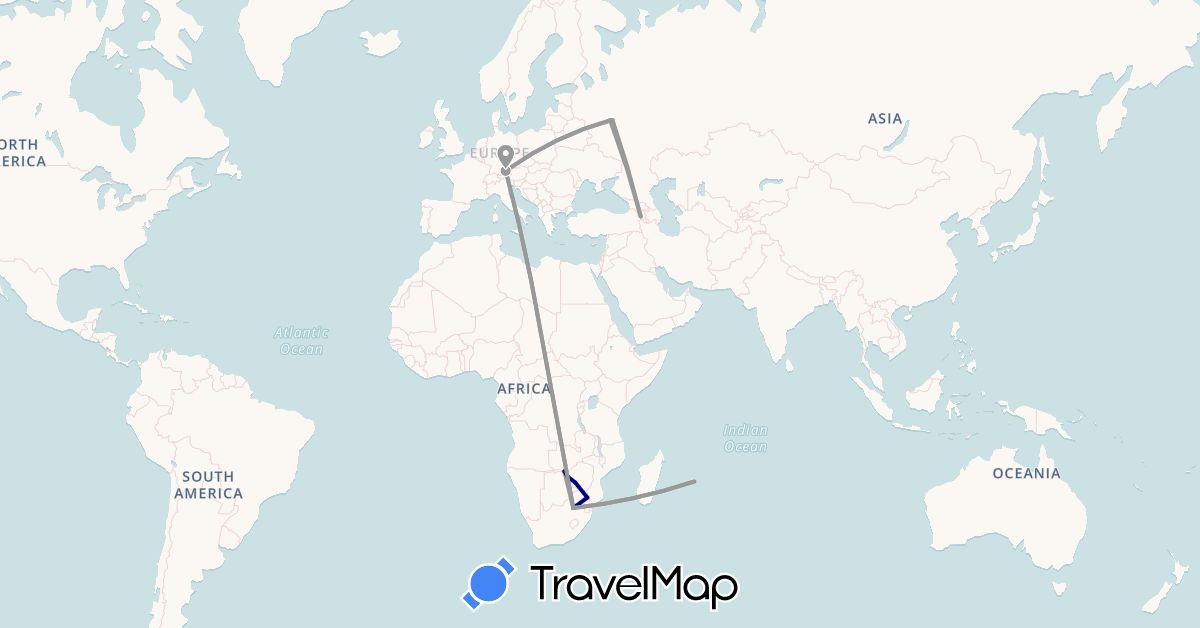 TravelMap itinerary: driving, plane in Armenia, Germany, Mauritius, Russia, South Africa, Zambia, Zimbabwe (Africa, Asia, Europe)